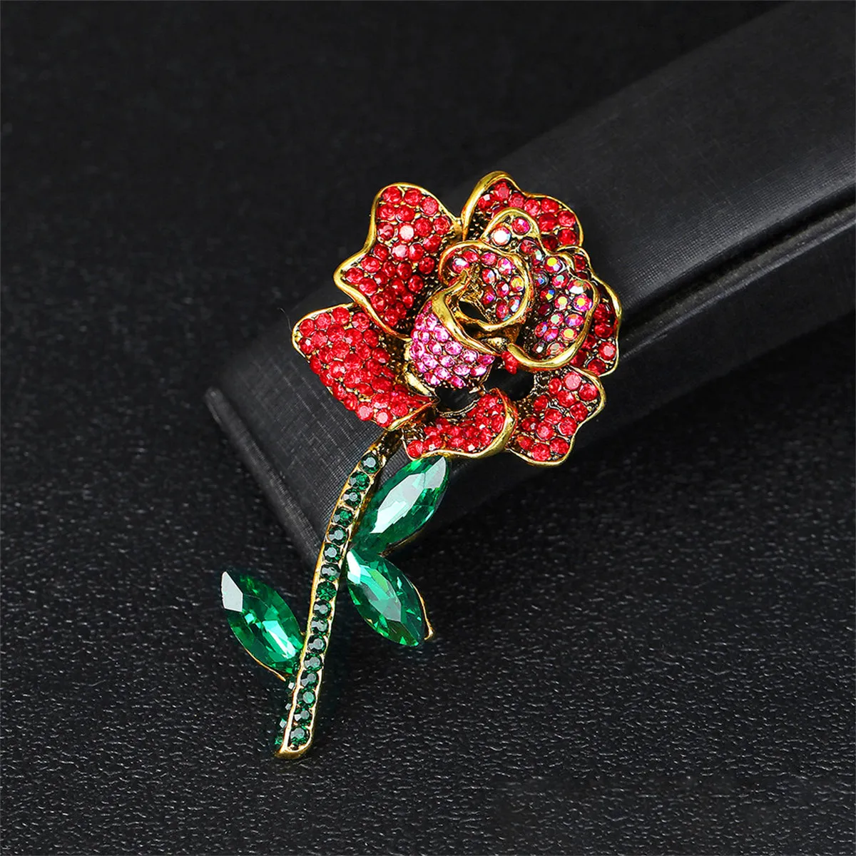 Red Cubic Zirconia & Crystal 18K Gold-Plated Rose Brooch