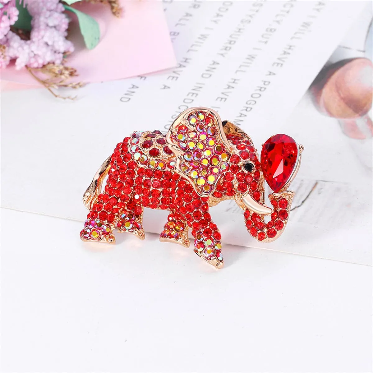 Red Cubic Zirconia & Crystal Elephant Drop Brooch