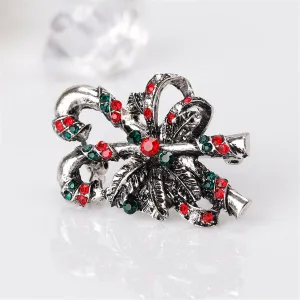 Red Cubic Zirconia & Silver-Plated Candy Cane Botany Brooch