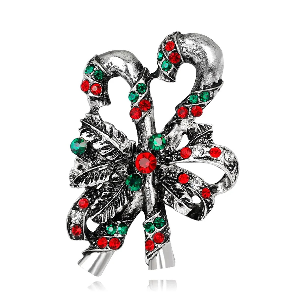 Red Cubic Zirconia & Silver-Plated Candy Cane Botany Brooch