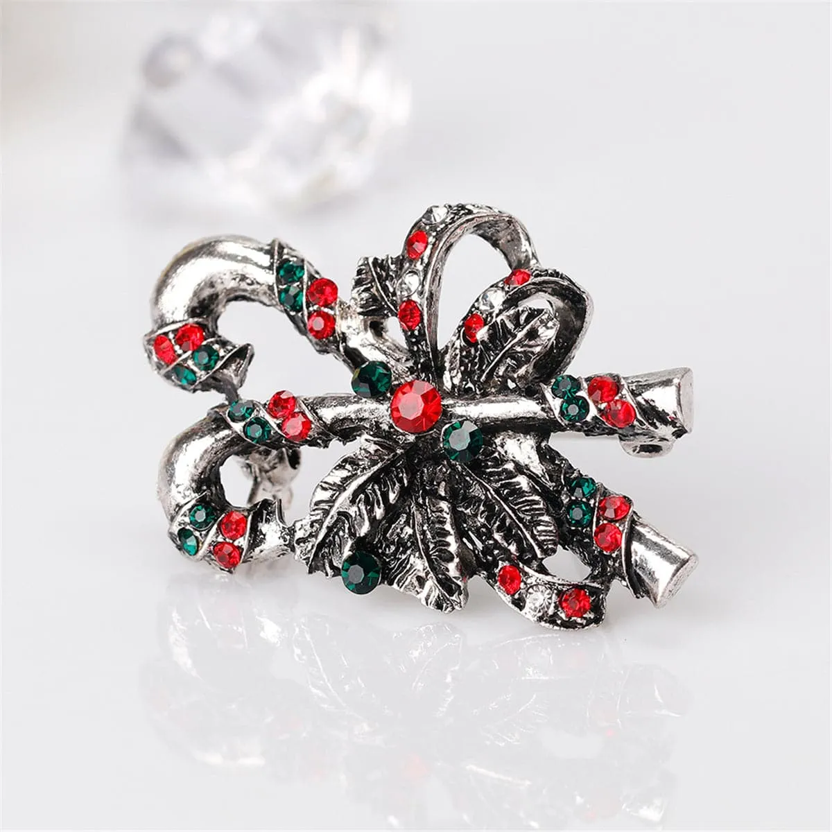 Red Cubic Zirconia & Silver-Plated Candy Cane Botany Brooch