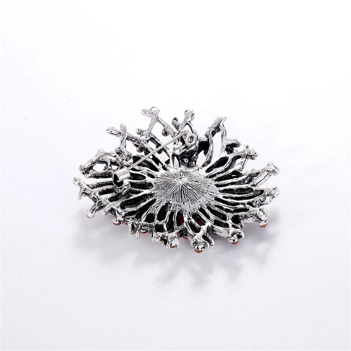 Red Cubic Zirconia & Silver-Plated Flower Brooch