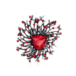 Red Cubic Zirconia & Silver-Plated Flower Brooch