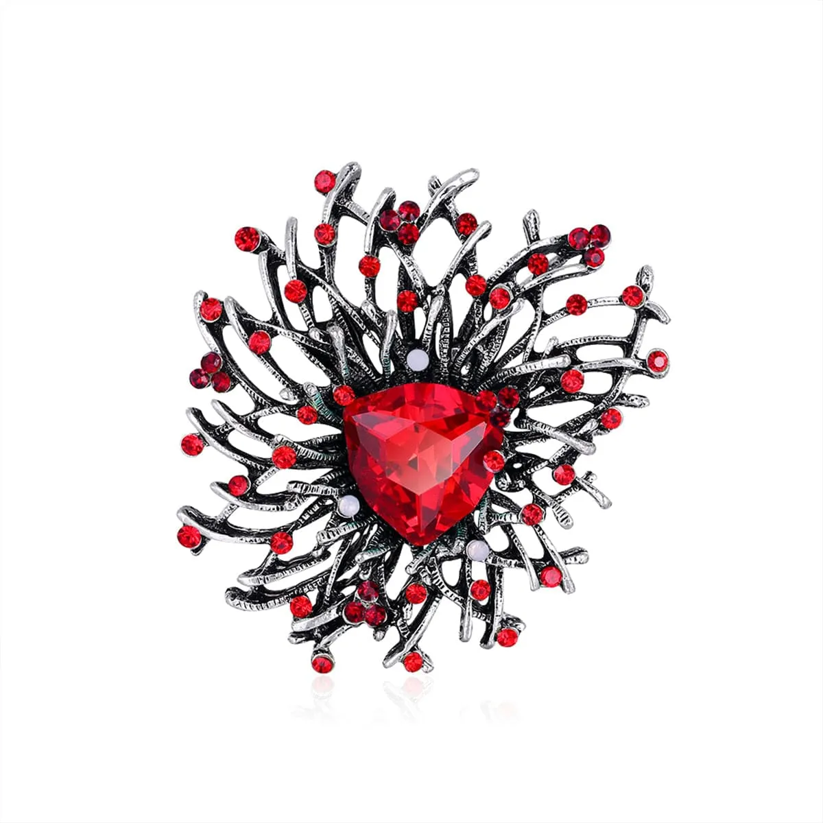 Red Cubic Zirconia & Silver-Plated Flower Brooch