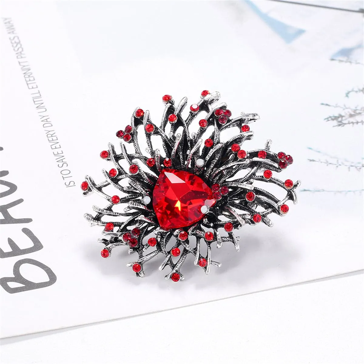 Red Cubic Zirconia & Silver-Plated Flower Brooch