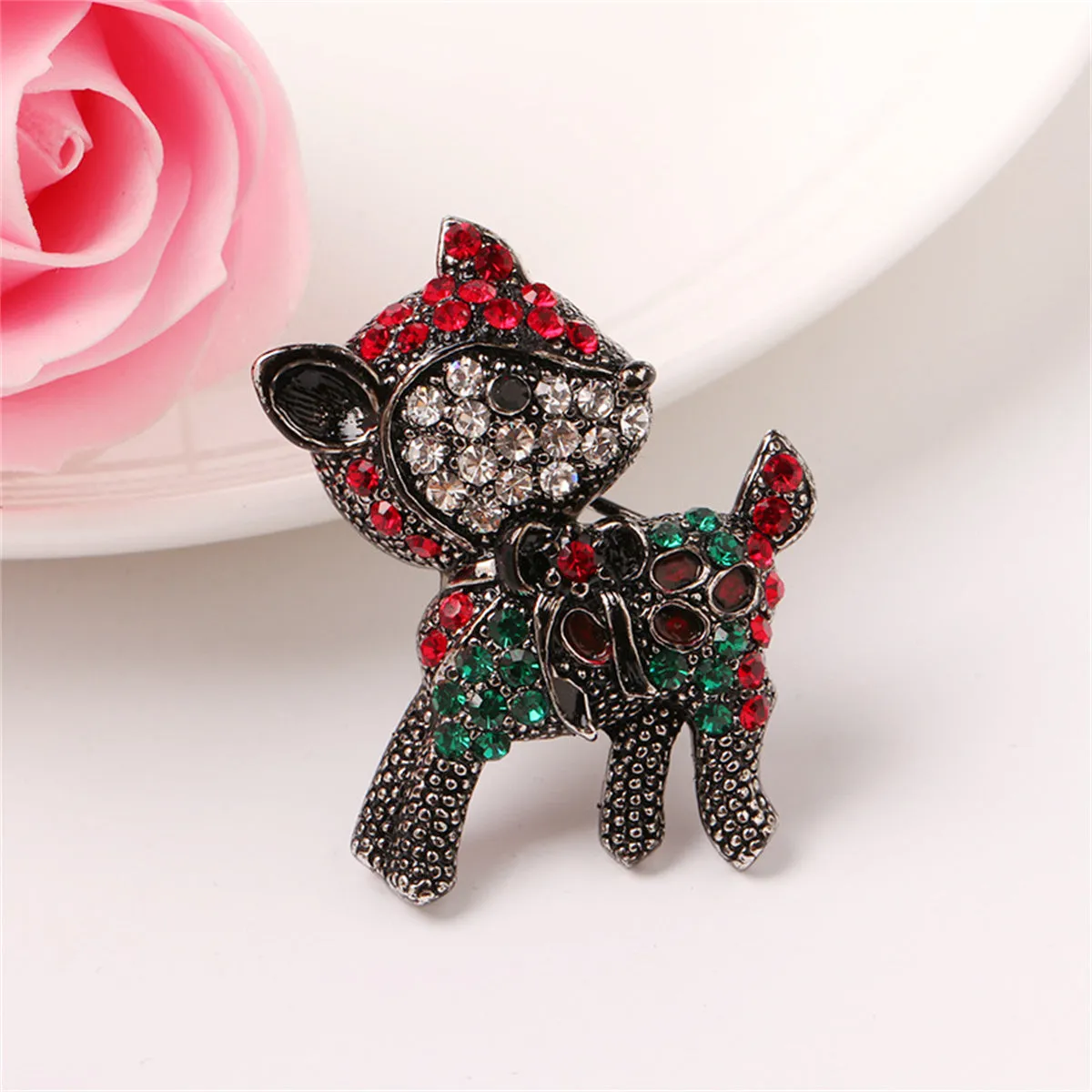 Red Cubic Zirconia & Silver-Plated Reindeer Brooch