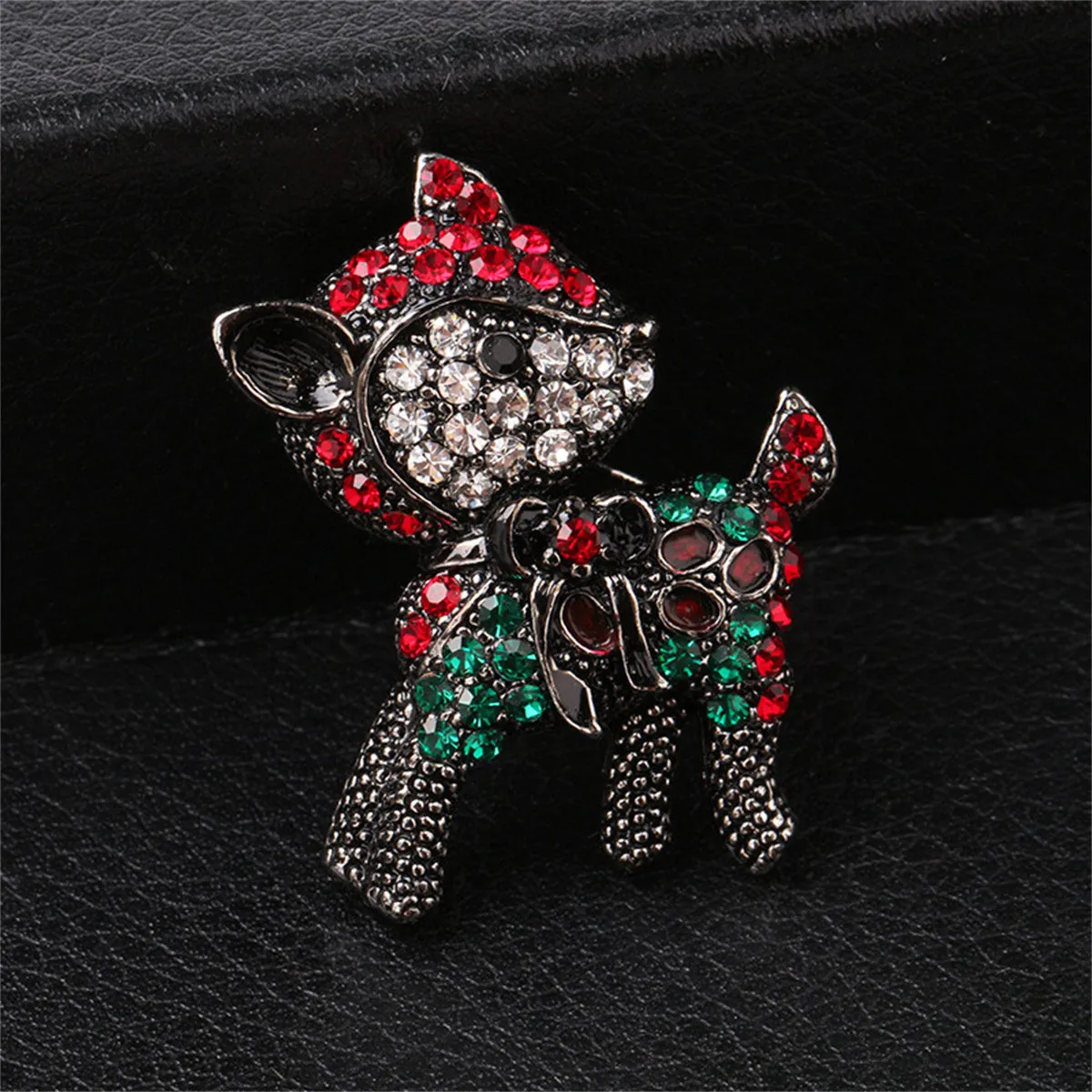 Red Cubic Zirconia & Silver-Plated Reindeer Brooch