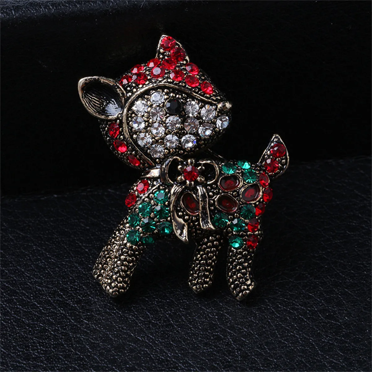 Red Cubic Zirconia & Silver-Plated Reindeer Brooch