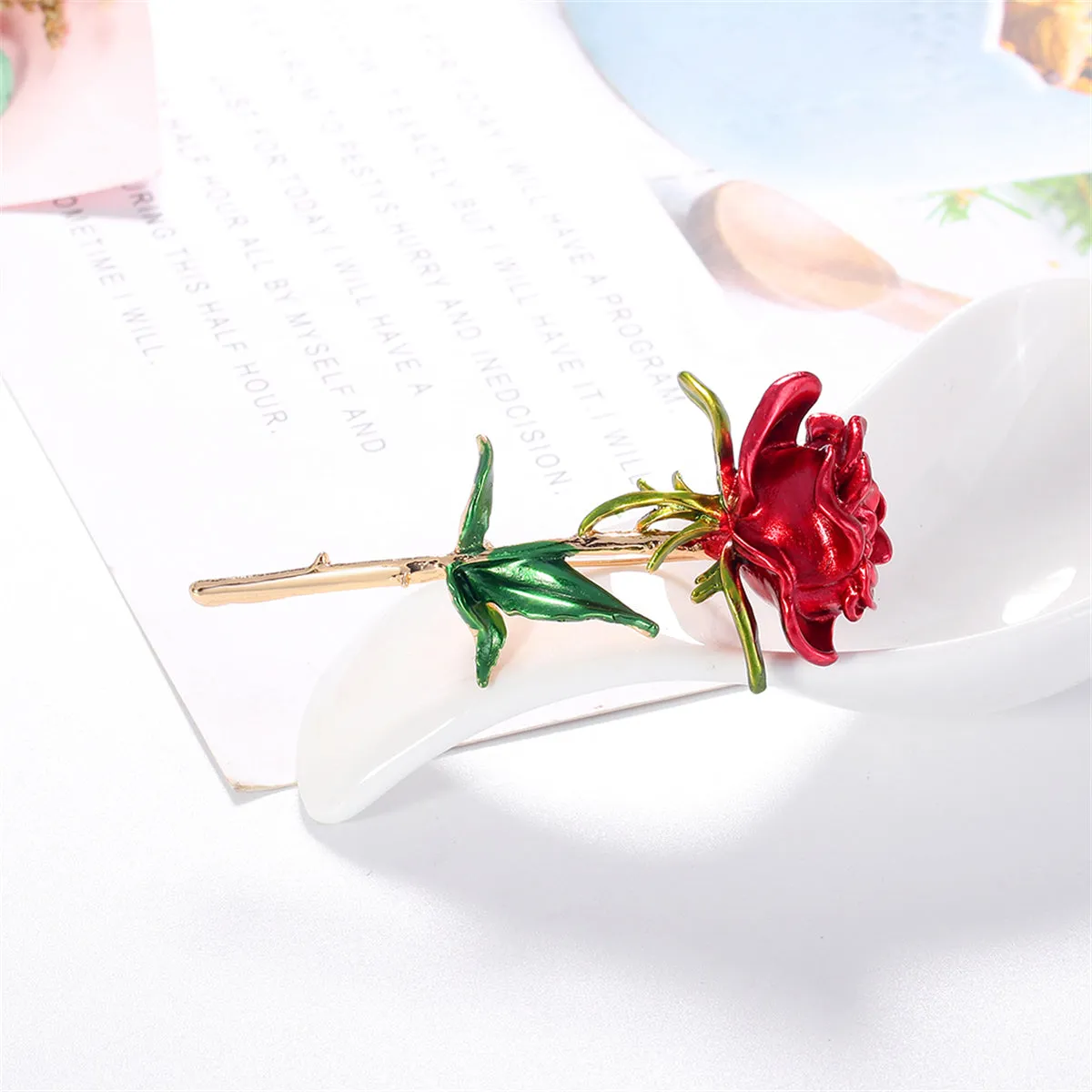 Red Enamel & 18K Gold-Plated Rose Brooch