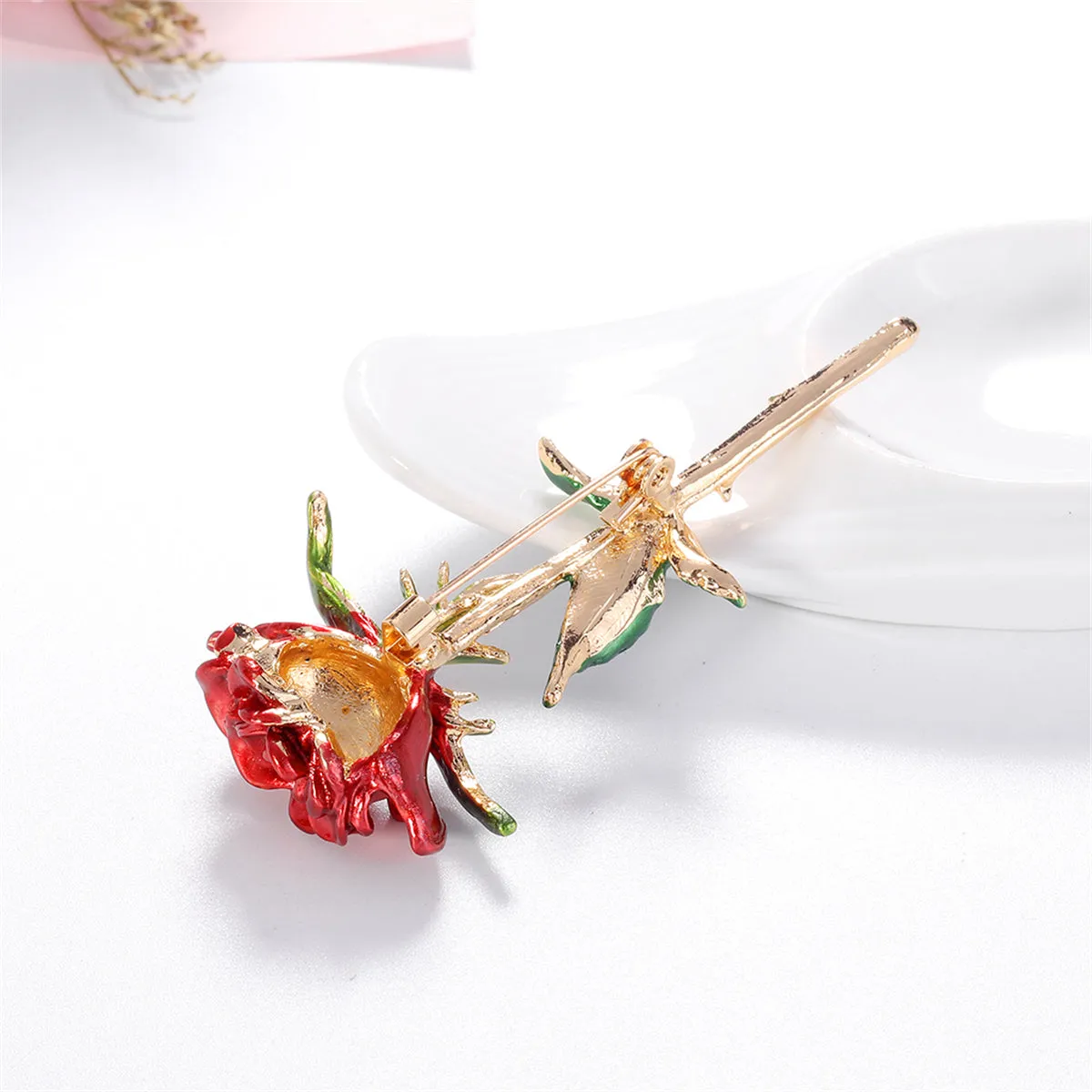 Red Enamel & 18K Gold-Plated Rose Brooch