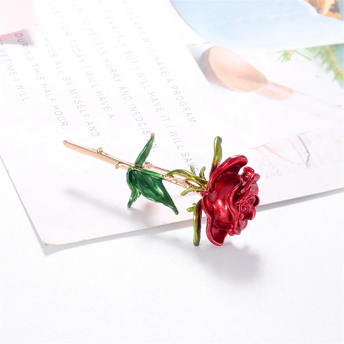 Red Enamel & 18K Gold-Plated Rose Brooch
