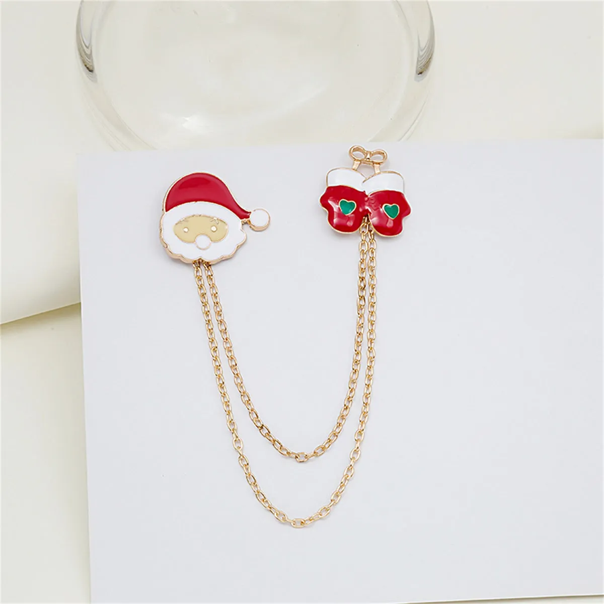 Red Enamel & 18K Gold-Plated Santa & Mitten Chain Brooch