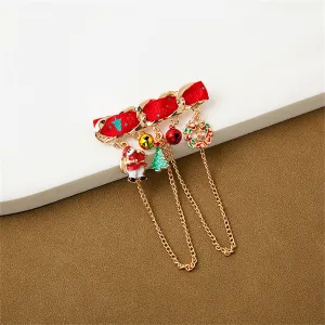Red Enamel & 18K Gold-Plated Santa & Tree Brooch