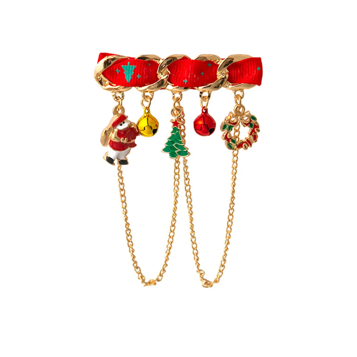 Red Enamel & 18K Gold-Plated Santa & Tree Brooch
