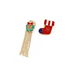 Red Enamel & 18K Gold-Plated Stocking Bow Tassel Brooch Set