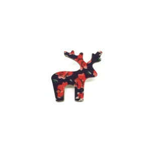 Red Floral Santas Deer Wooden Brooch Pin - LM