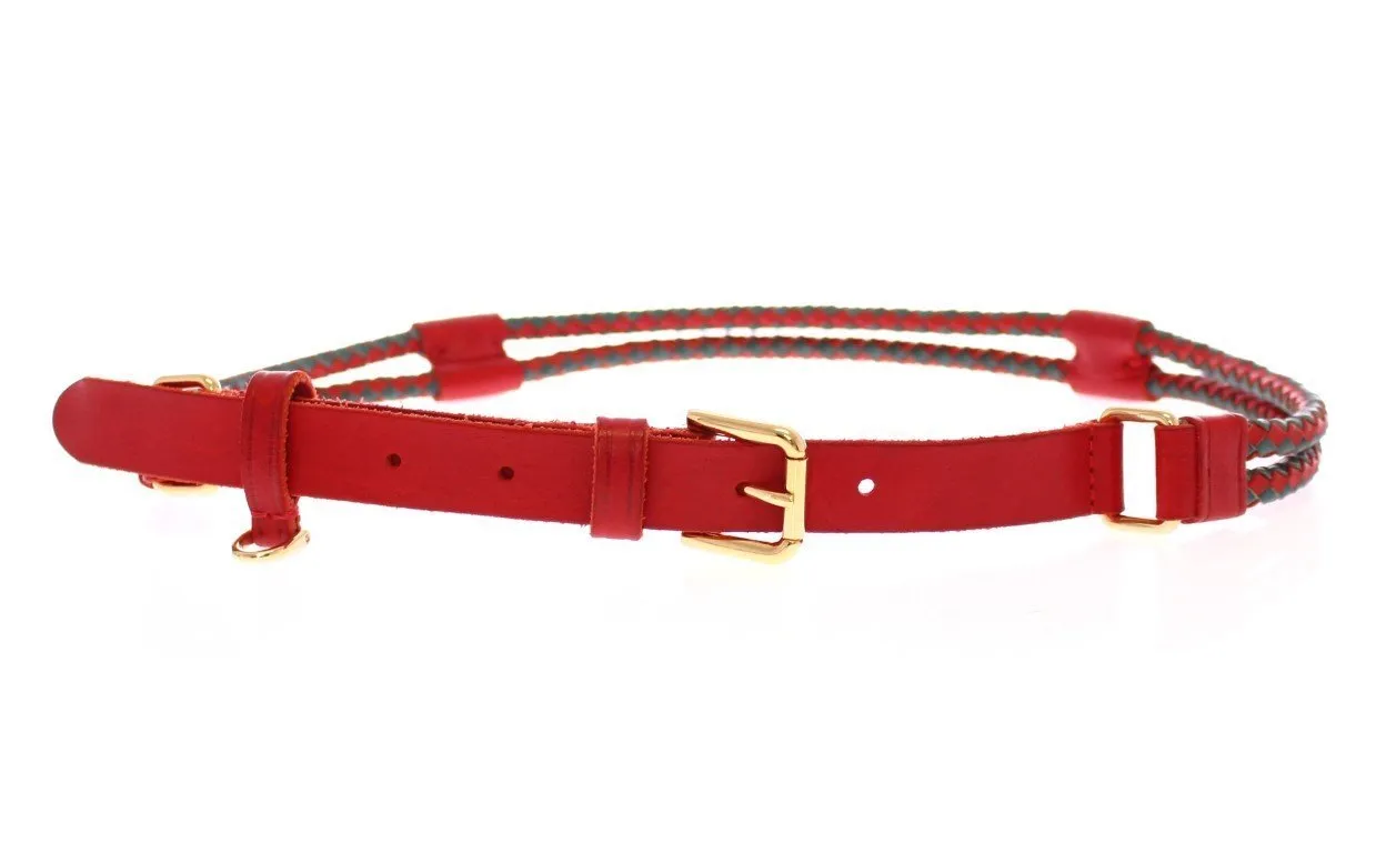 Red Leather Logo Gold Buckle Belt
