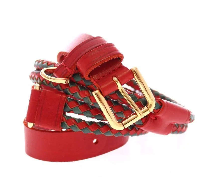 Red Leather Logo Gold Buckle Belt