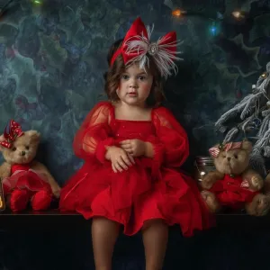 Red Satin Bow with Ivory Feathers