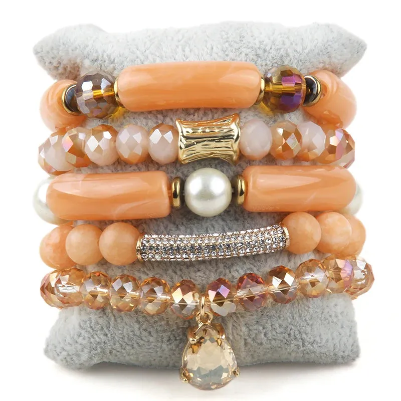 RH Fashion Bohemia Beaded Jewelry Big Elbow 5pc Stack Stone Bracelets Set For Women Festival Gift