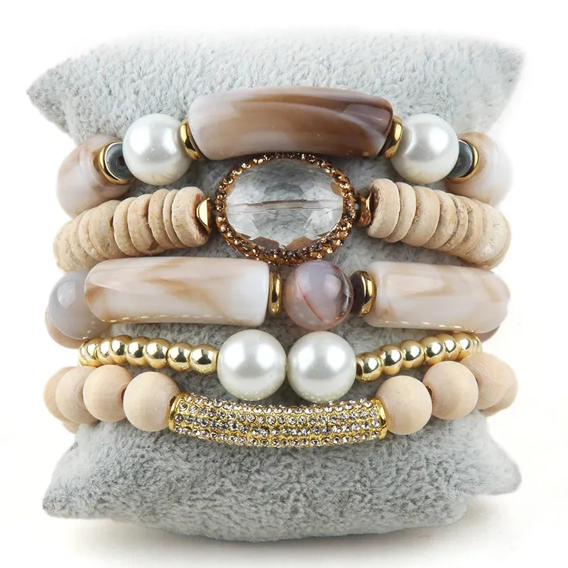 RH Fashion Bohemia Beaded Jewelry Big Elbow 5pc Stack Stone Bracelets Set For Women Festival Gift