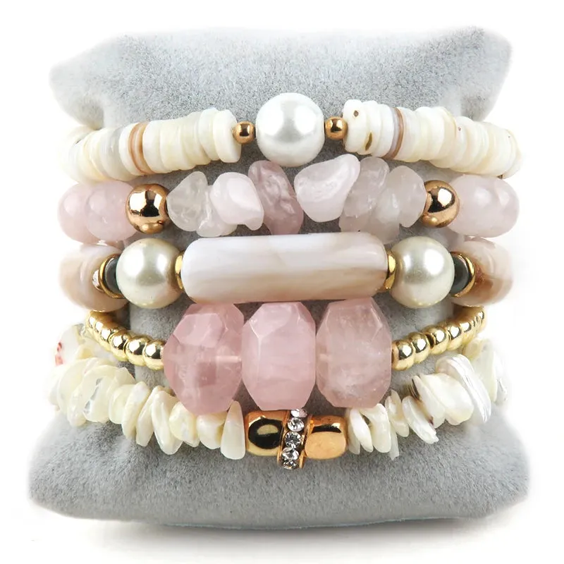 RH Fashion Bohemia Beaded Jewelry Big Elbow 5pc Stack Stone Bracelets Set For Women Festival Gift
