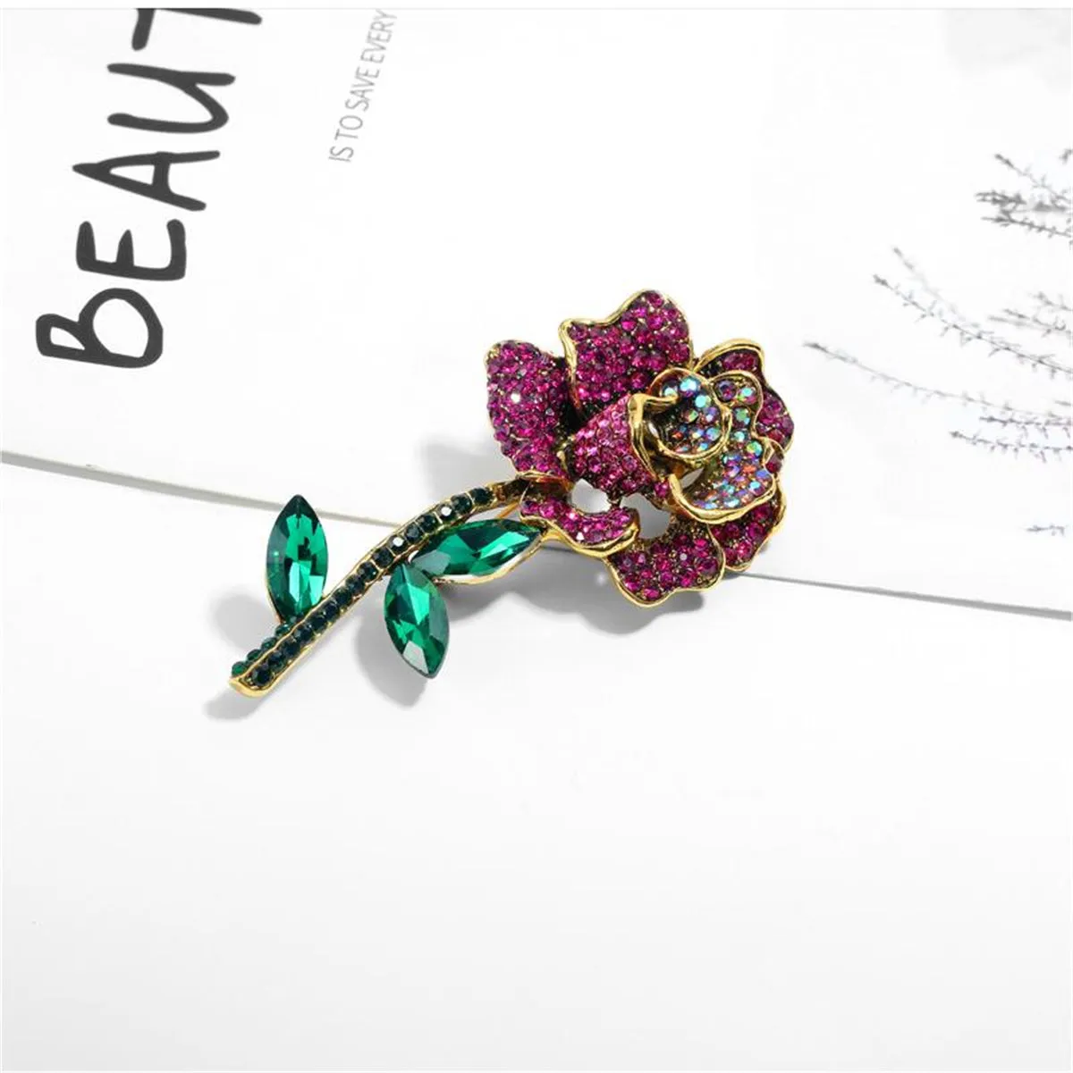 Rose Cubic Zirconia & Crystal 18K Gold-Plated Rose Brooch