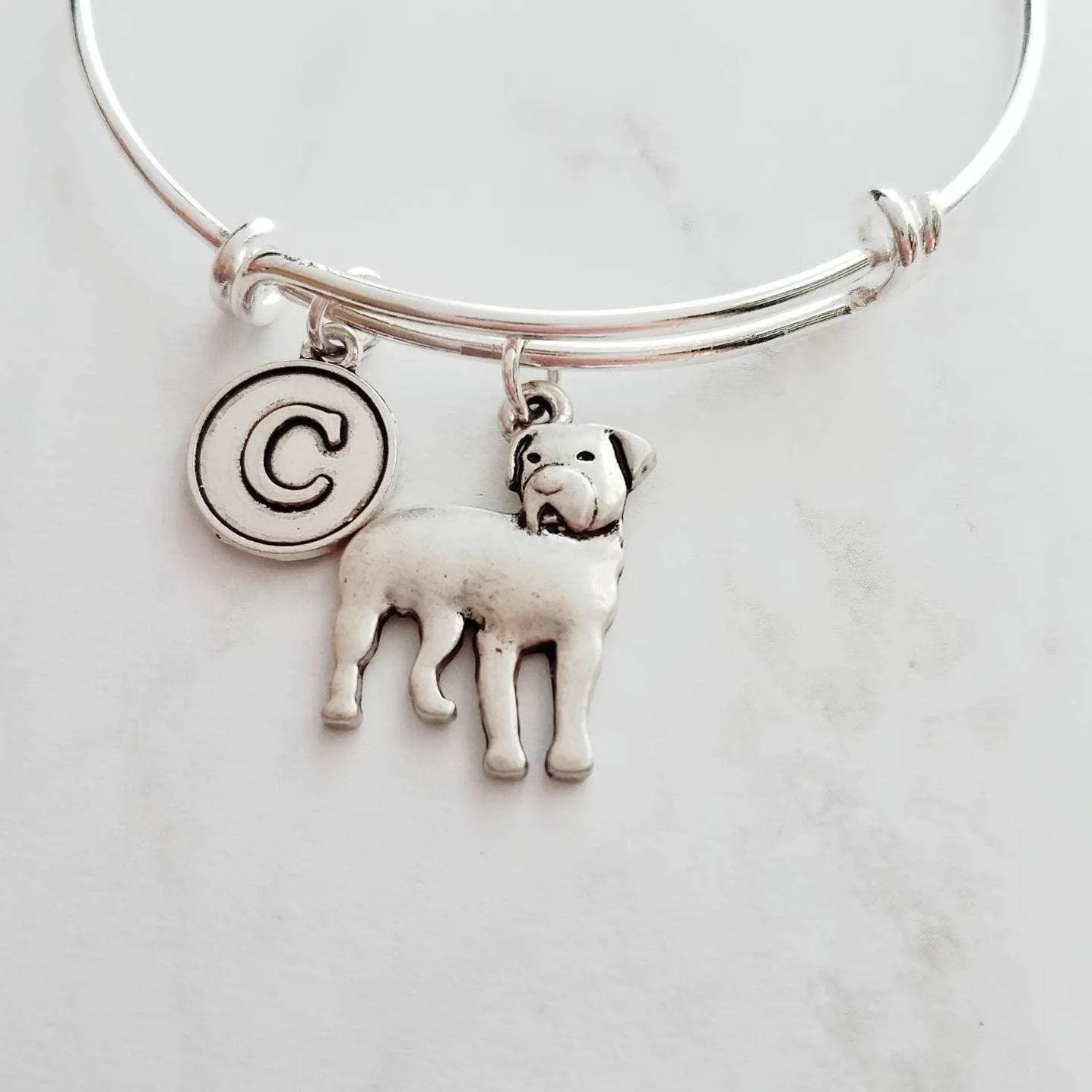 Rottweiler Bracelet - adjustable bangle double loop pet dog charm - personalized letter initial monogram - handmade Rottie puppy jewelry