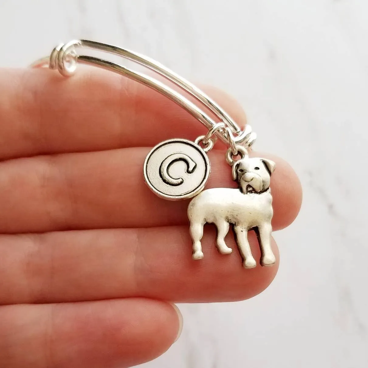 Rottweiler Bracelet - adjustable bangle double loop pet dog charm - personalized letter initial monogram - handmade Rottie puppy jewelry