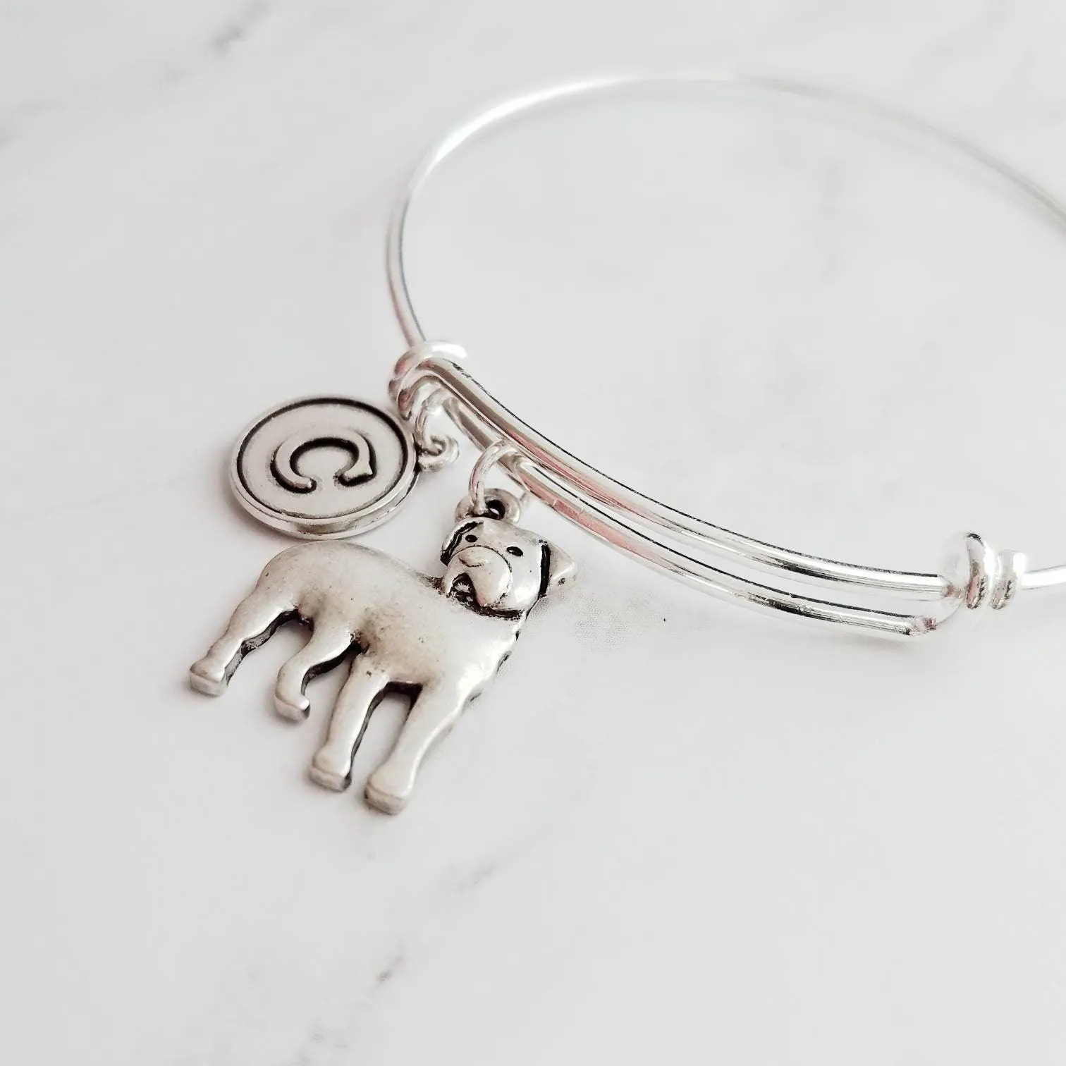 Rottweiler Bracelet - adjustable bangle double loop pet dog charm - personalized letter initial monogram - handmade Rottie puppy jewelry