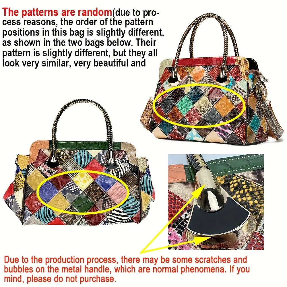 Royal Bagger Retro Top Handle Satchel For Women, Genuine Cow Leather Tote Bag, Large Capacity Color Stitching Plaid Shoulder Bags, Luxury Commuter Handbag & Purse