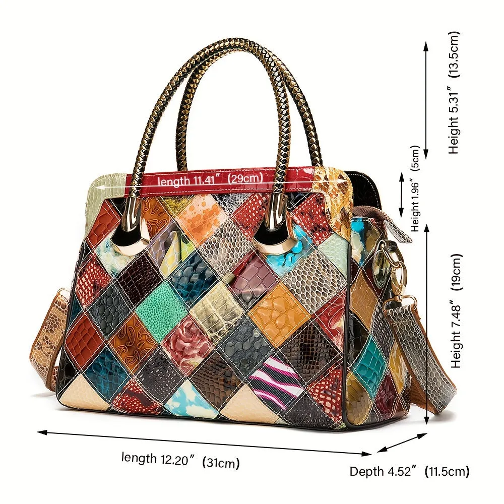 Royal Bagger Retro Top Handle Satchel For Women, Genuine Cow Leather Tote Bag, Large Capacity Color Stitching Plaid Shoulder Bags, Luxury Commuter Handbag & Purse