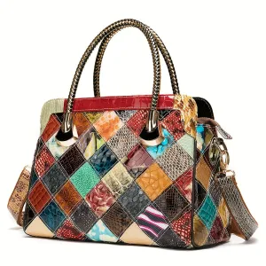 Royal Bagger Retro Top Handle Satchel For Women, Genuine Cow Leather Tote Bag, Large Capacity Color Stitching Plaid Shoulder Bags, Luxury Commuter Handbag & Purse