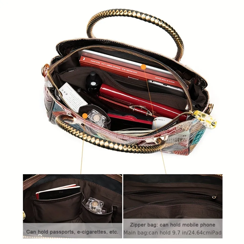 Royal Bagger Retro Top Handle Satchel For Women, Genuine Cow Leather Tote Bag, Large Capacity Color Stitching Plaid Shoulder Bags, Luxury Commuter Handbag & Purse