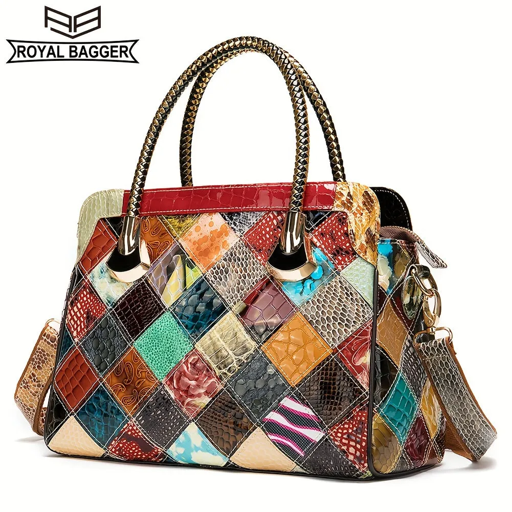 Royal Bagger Retro Top Handle Satchel For Women, Genuine Cow Leather Tote Bag, Large Capacity Color Stitching Plaid Shoulder Bags, Luxury Commuter Handbag & Purse