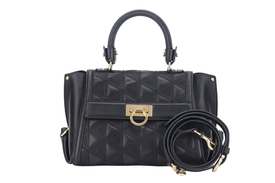 SALVATORE FERRAGAMO SOFIA TOP HANDLE MEDIUM BLACK SATCHEL LEATHER GOLD HARDWARE, WITH STRAP, NO DUST COVER