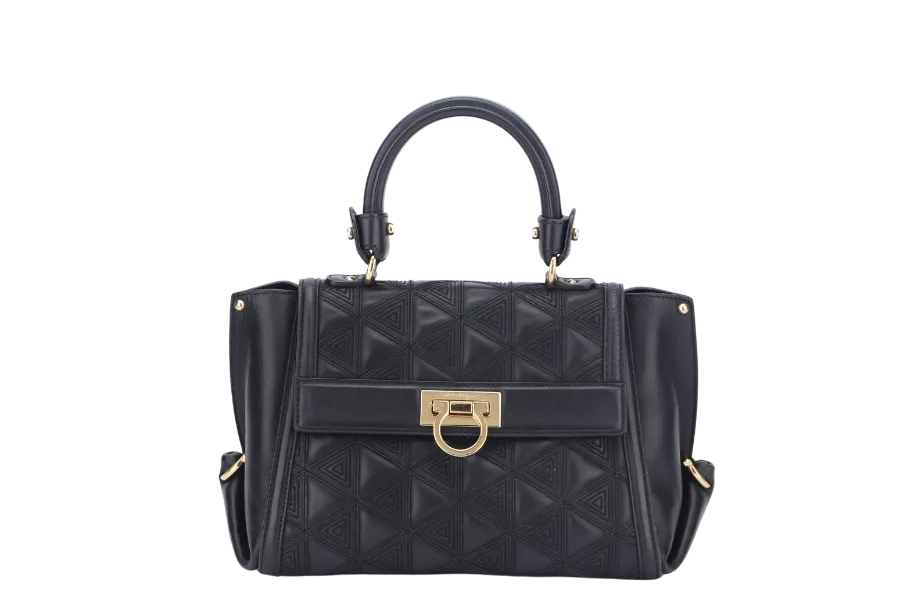 SALVATORE FERRAGAMO SOFIA TOP HANDLE MEDIUM BLACK SATCHEL LEATHER GOLD HARDWARE, WITH STRAP, NO DUST COVER