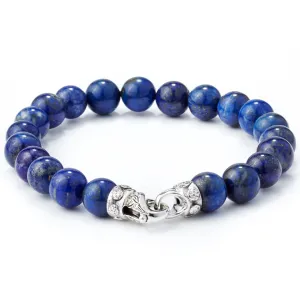 Scott Kay Men's Blue Bracelet, 8mm Lapis Lazuli Beads with Sterling Silver Engraved Clasp, 8 Inches