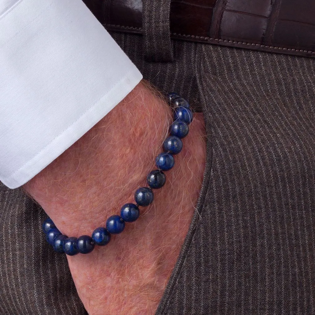 Scott Kay Men's Blue Bracelet, 8mm Lapis Lazuli Beads with Sterling Silver Engraved Clasp, 8 Inches