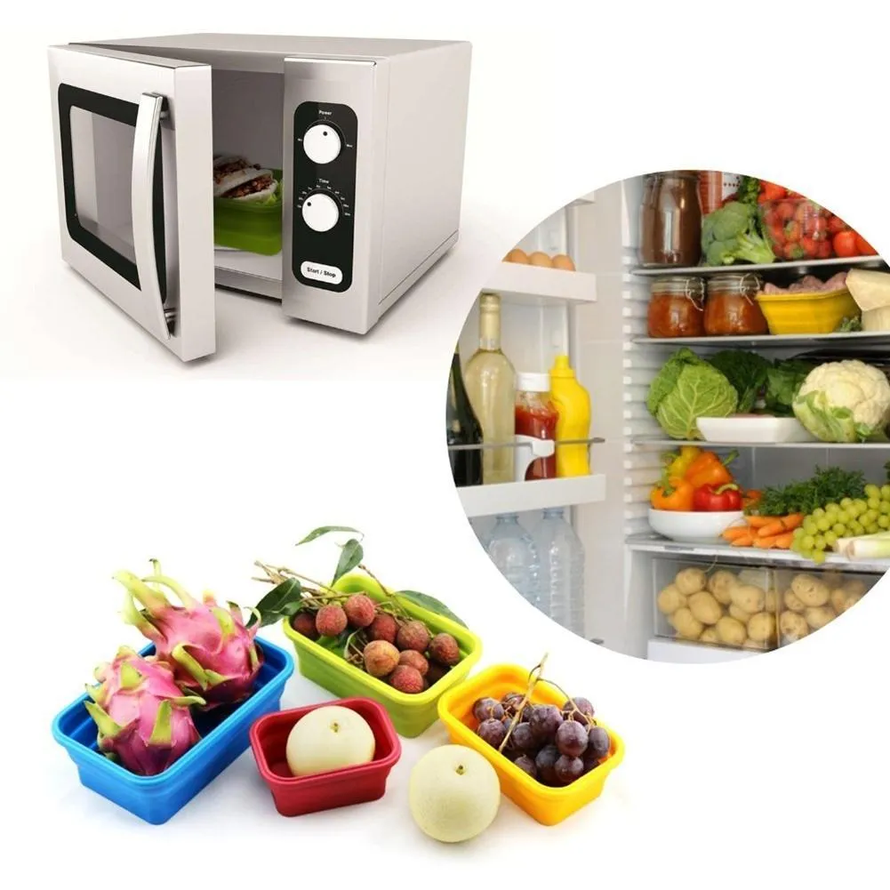 Set of 4 Square Silicone Food Storage Containers Collapsible Lunch Box BPA Free, Microwave, Dishwasher and Freezer Safe