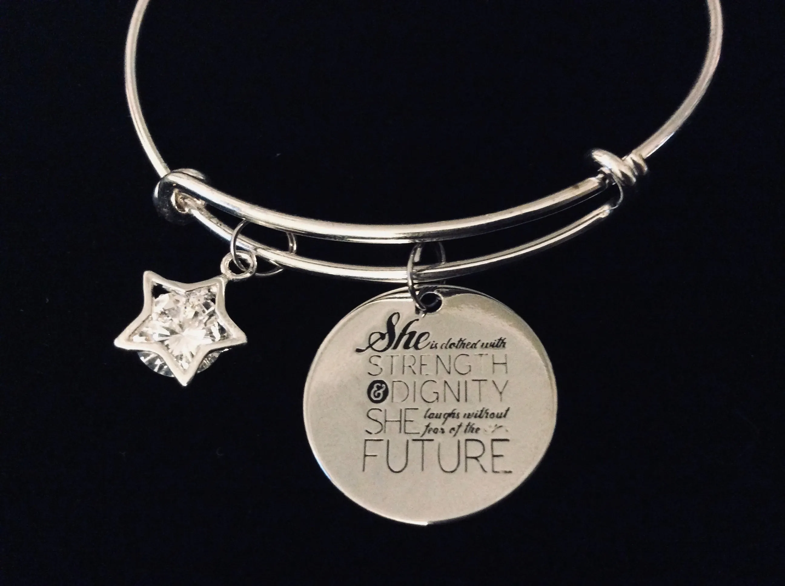 She is Clothed in Strength and Dignity Adjustable Charm Bracelet Expandable Silver Bangle Cubic Zirconium Star One Size Fits All Gift Inspirational