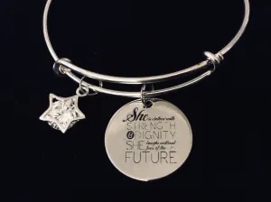 She is Clothed in Strength and Dignity Adjustable Charm Bracelet Expandable Silver Bangle Cubic Zirconium Star One Size Fits All Gift Inspirational