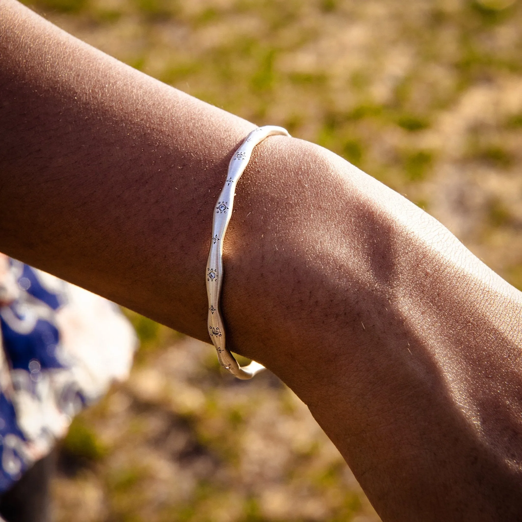 Silver "Wavy Stepping Stone" Bangle with Etching and Diamonds