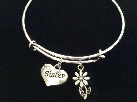 Sister Heart Charm Bracelet Silver Adjustable Expandable Bangle Trendy Handmade Trendy Family Stacking