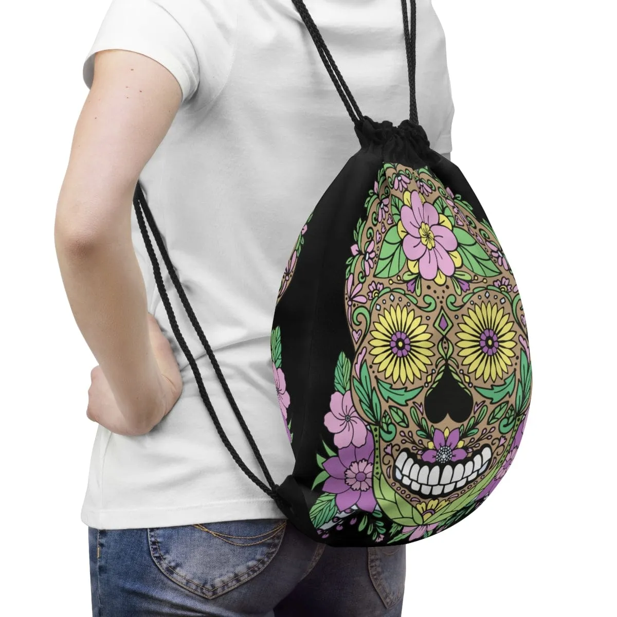 Skull Purple Floral Drawstring Bag