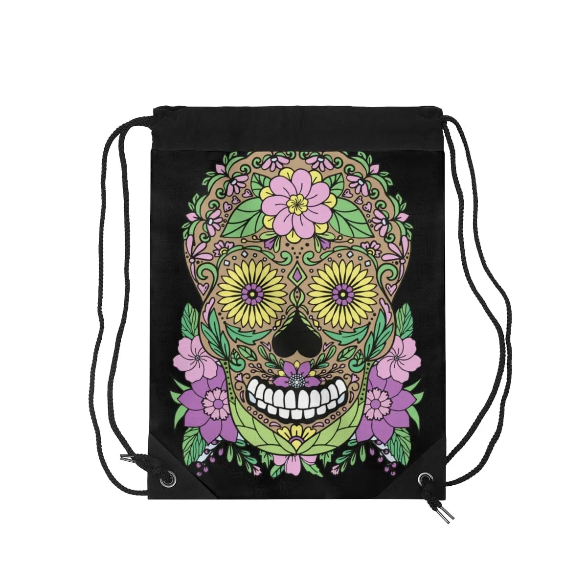 Skull Purple Floral Drawstring Bag