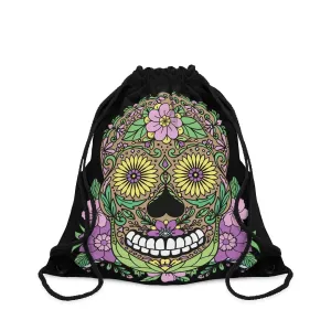 Skull Purple Floral Drawstring Bag