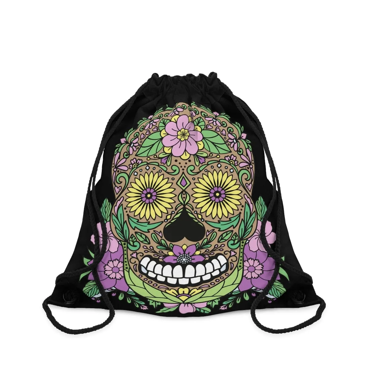 Skull Purple Floral Drawstring Bag