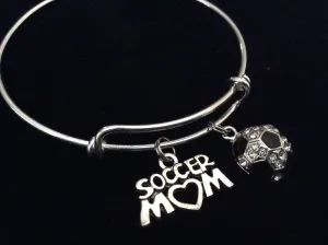 Soccer Mom Crystal Soccer Ball Expandable Silver Charm Bracelet Adjustable Sports Bangle
