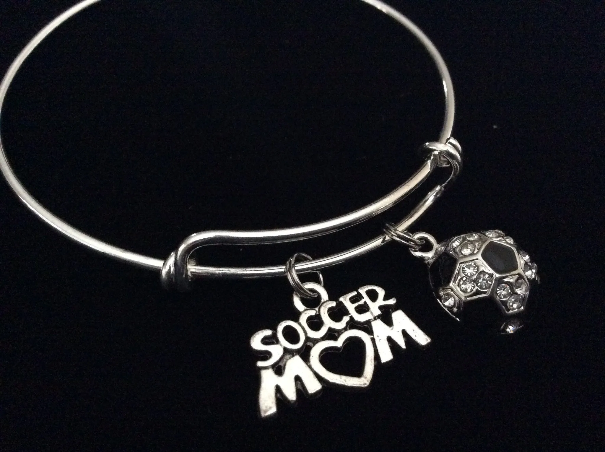 Soccer Mom Crystal Soccer Ball Expandable Silver Charm Bracelet Adjustable Sports Bangle